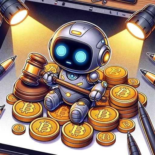 Cute robot with gavel on crypto pile, signifying FTX's legal issues