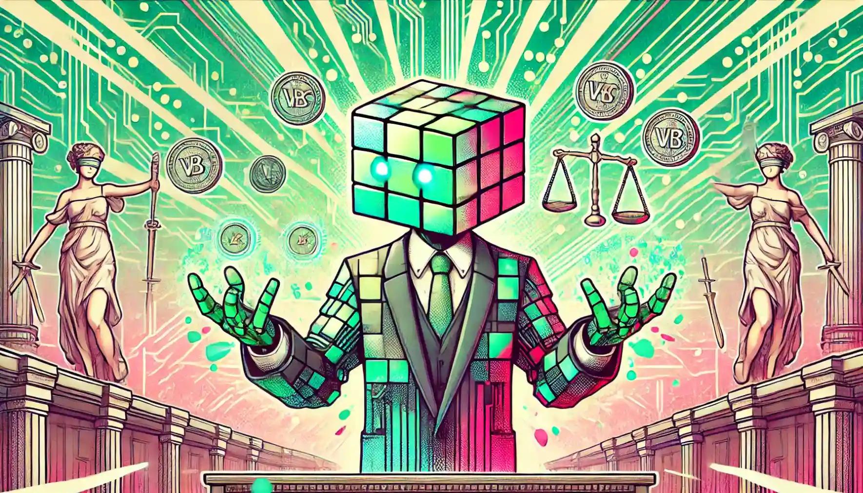 Cyber robot balancing holographic WBTC coins in a courtroom