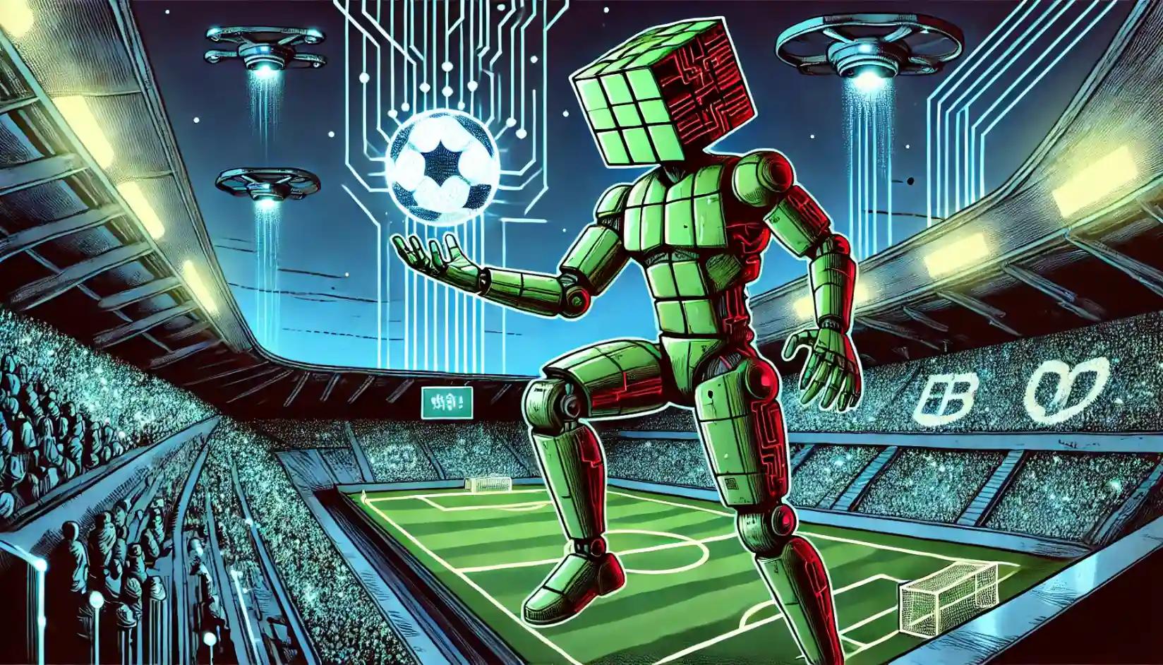 Cyberpunk robot in a neon-lit stadium kicking a holographic football