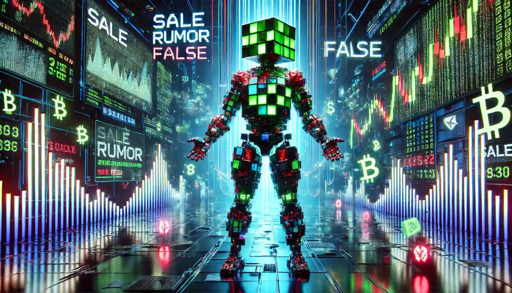 Cyberpunk robot in trading hub, sale rumors debunked visually