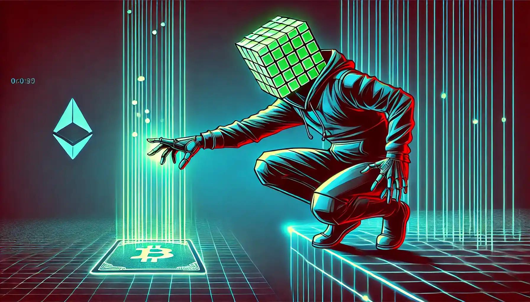 Cyberpunk robot intercepts malware in digital vault, glowing crypto security