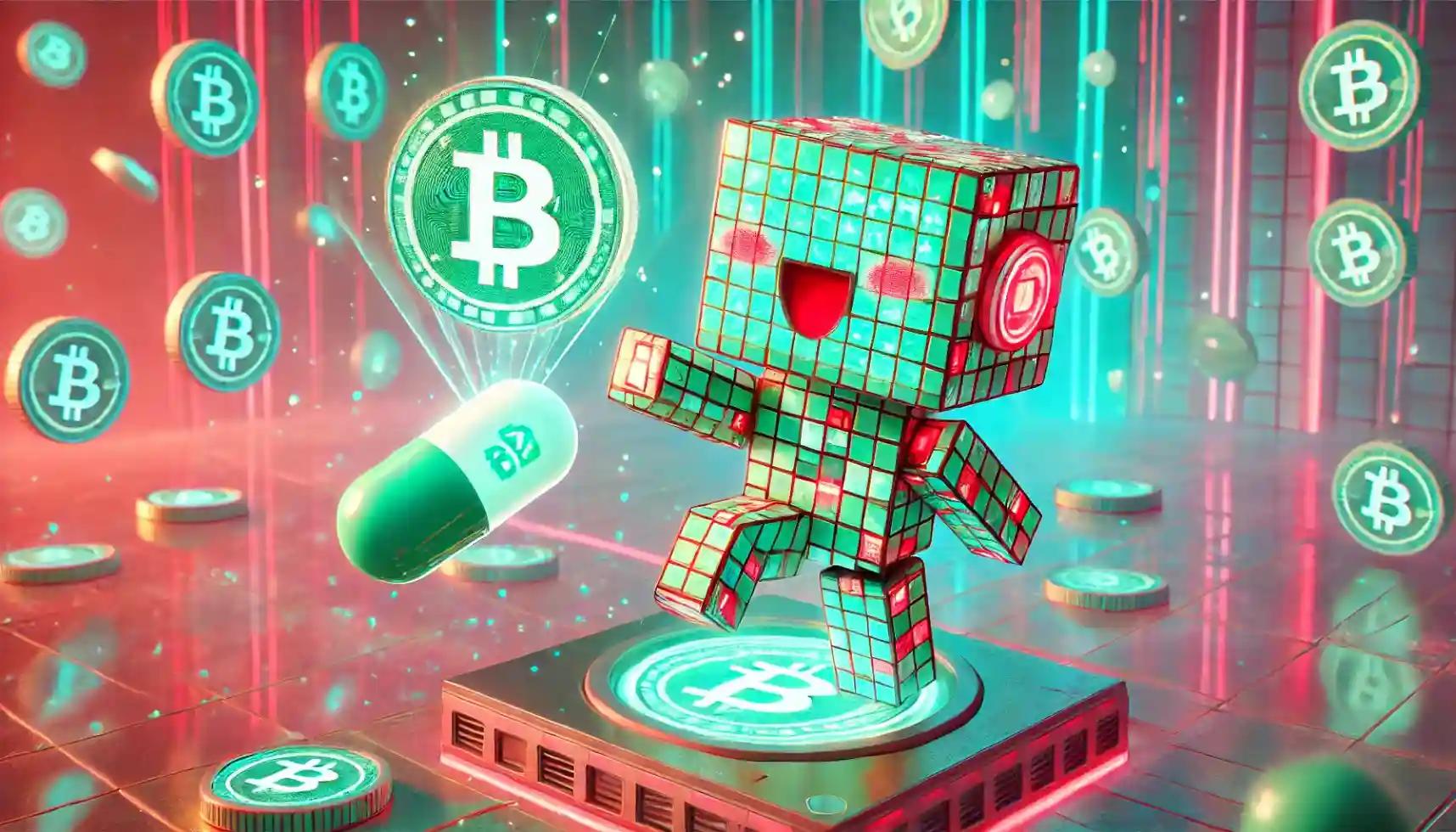 Cyberpunk robot launching Solana meme coin from futuristic handheld device