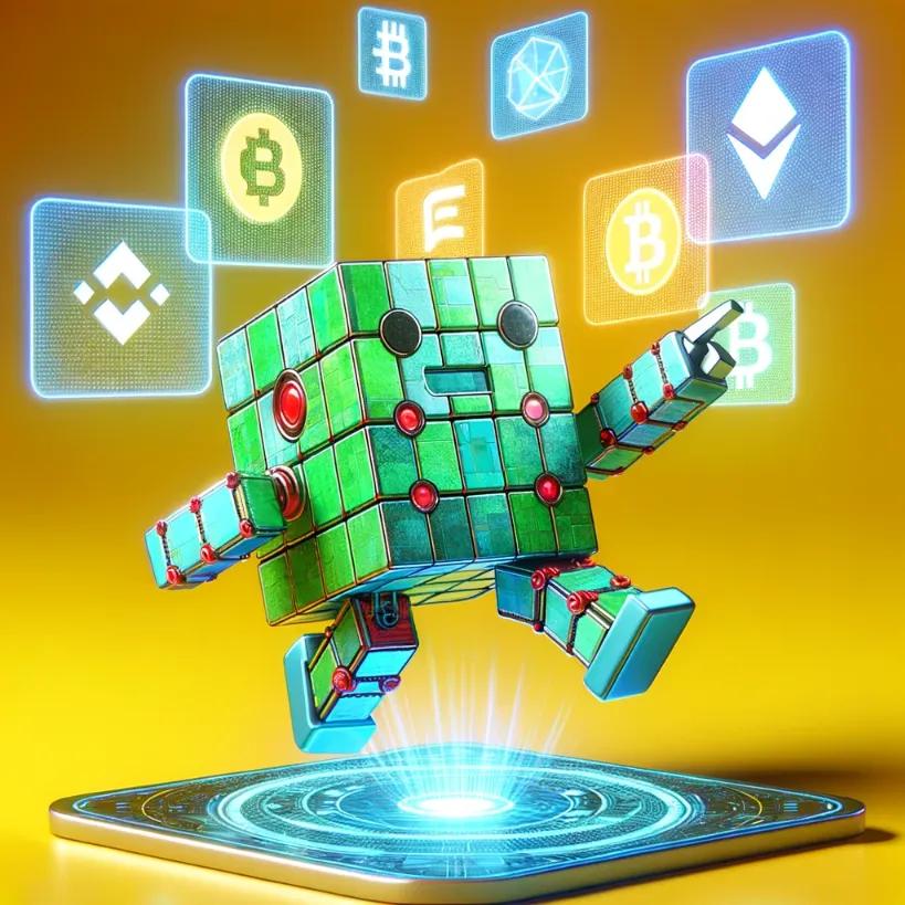 Chibi cubic robot interacting with crypto holograms on a bright yellow background