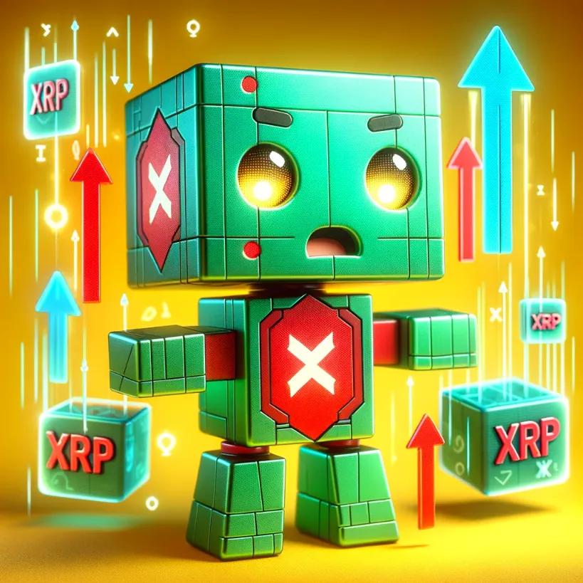 Chibi cubic robot with shocked expression among fluctuating crypto values on a bright yellow background