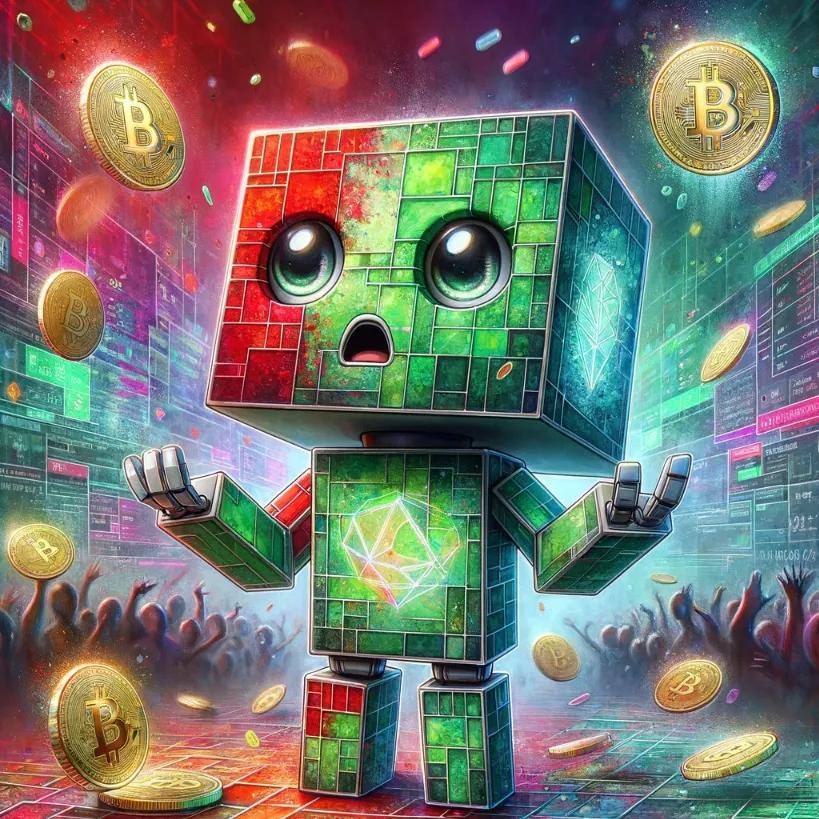 Chibi cubic-styled robot in digital marketplace, shocked by crypto heist aftermath