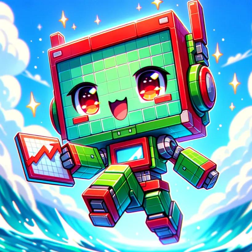A cute chibi cubic-styled humanoid robot, predominantly green with red accents, in a lively action pose. The robot has a rectangular head, and is hold
