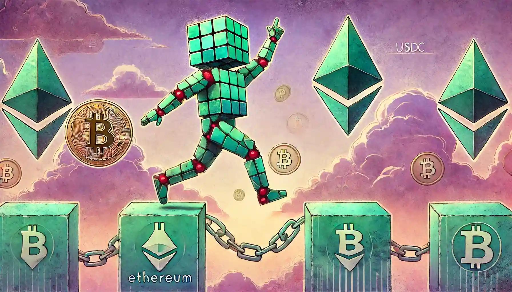 Robot leaps between Ethereum and Bitcoin shards linked by USDC