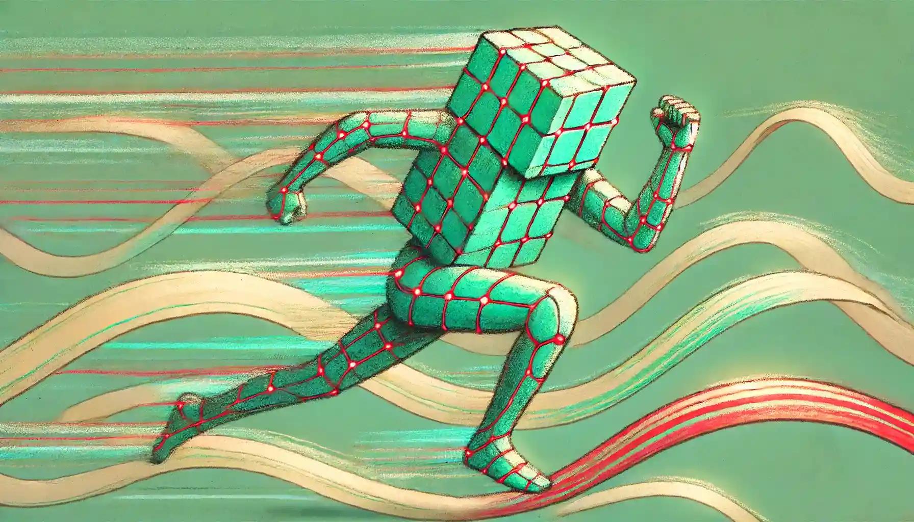 Robot runs along glowing pastel ribbons reflecting crypto price index