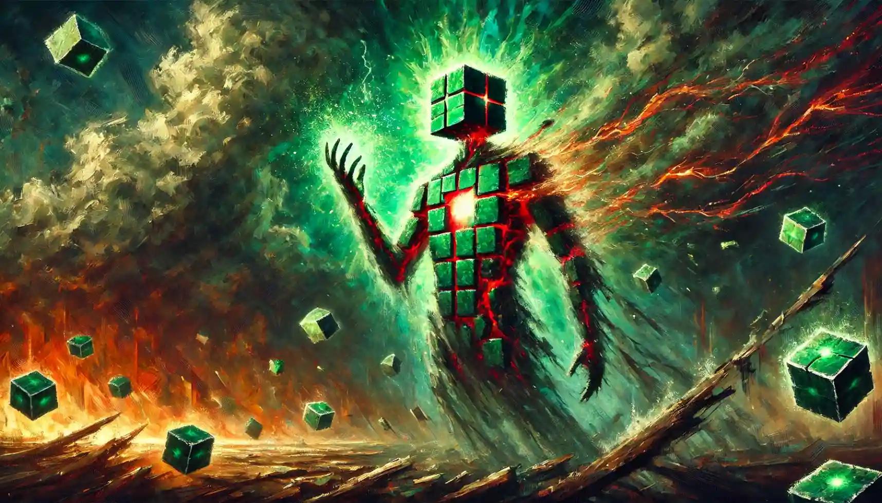 Dark oil-painted robot holding a flickering red-green crypto orb