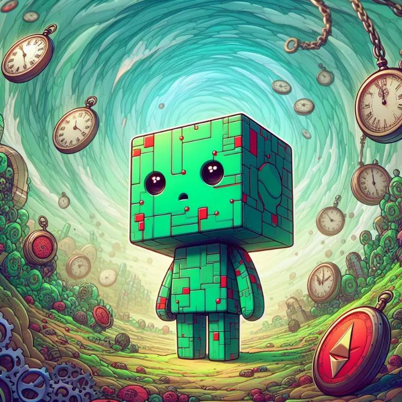 Disappointed chibi robot amidst a surreal clockwork forest, surrounded by swirling crypto charts, symbolizing the delay in Ethereum ETF approval