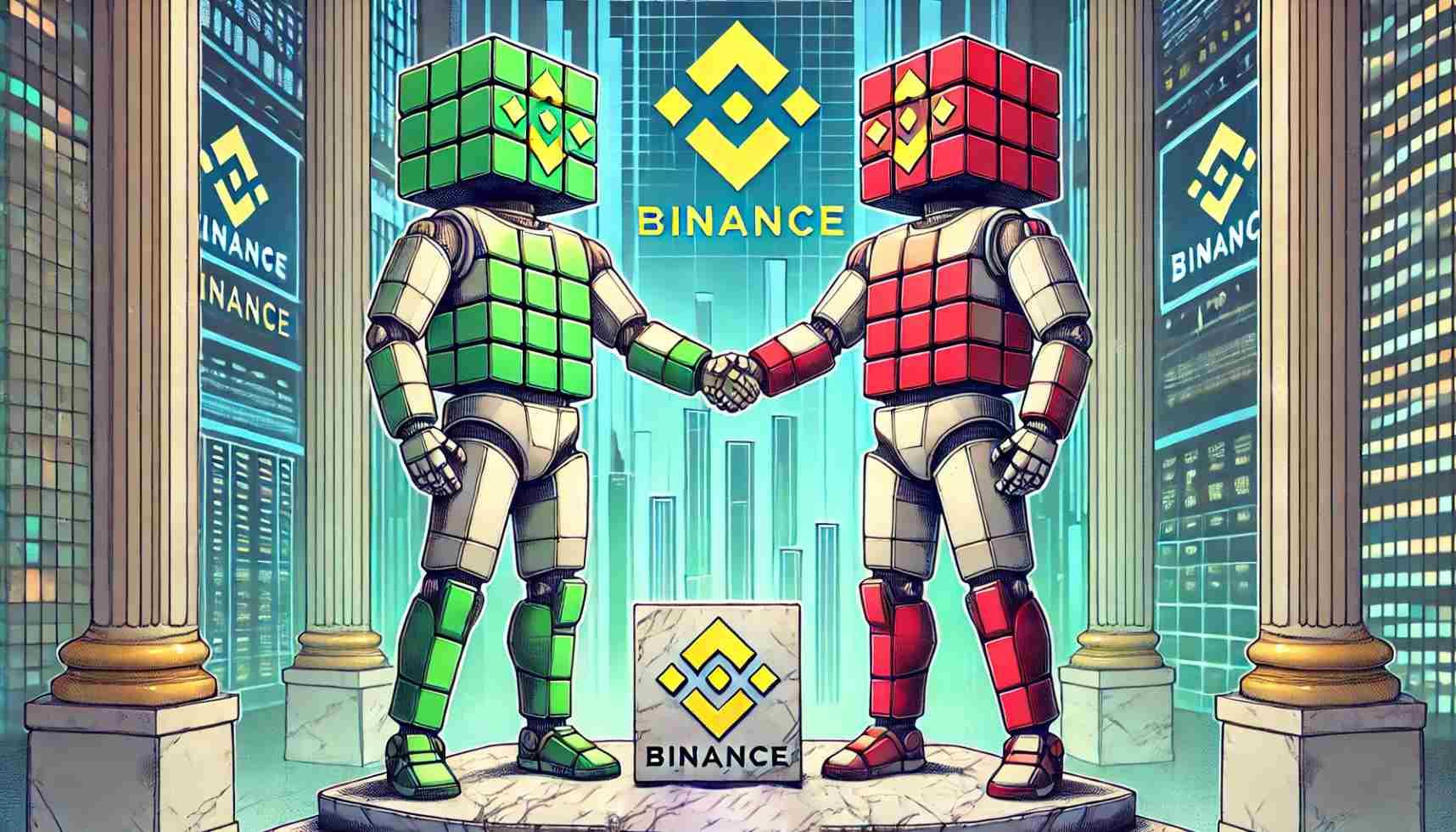 Dual robot CEOs shaking hands on a podium symbolizing leadership stability