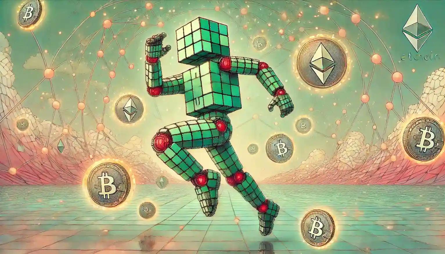 Dynamic robot leaps amid glowing tokens on blockchain trading floor