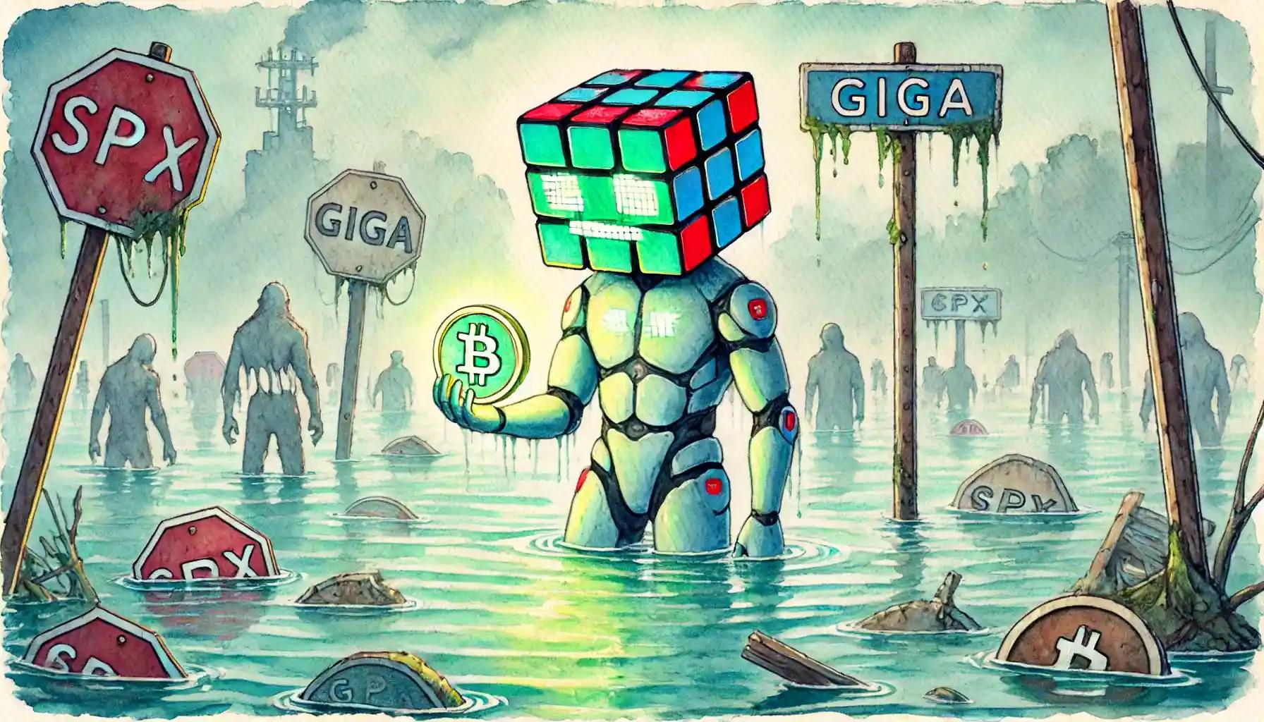 Dystopian robot holds glowing SPX coin in a flooded wasteland