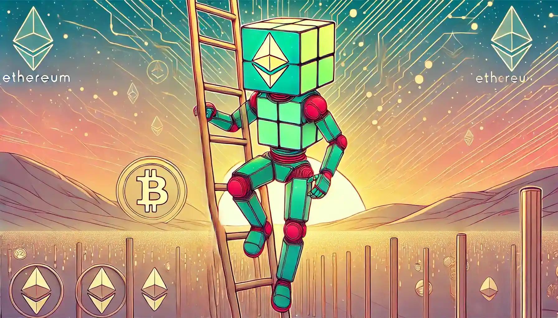 ETH robot climbs ladder; BTC slides down pastel slope