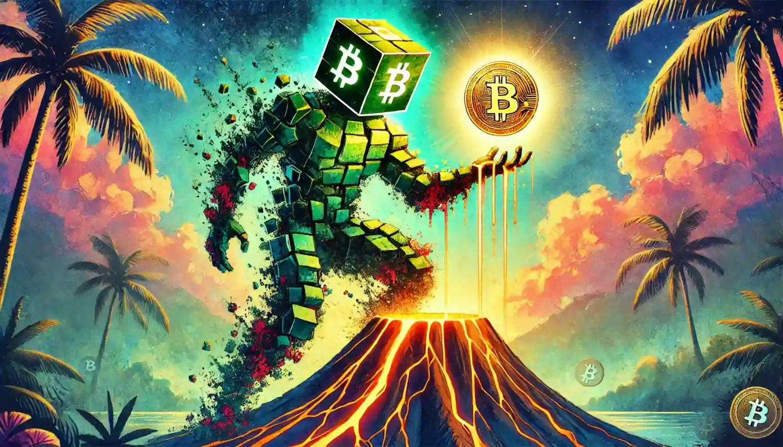 El Salvador robot holds Bitcoin atop a glowing volcano