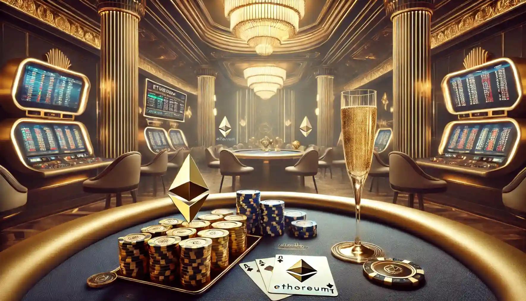 Elegant poker table with Ethereum chips in a luxury crypto casino