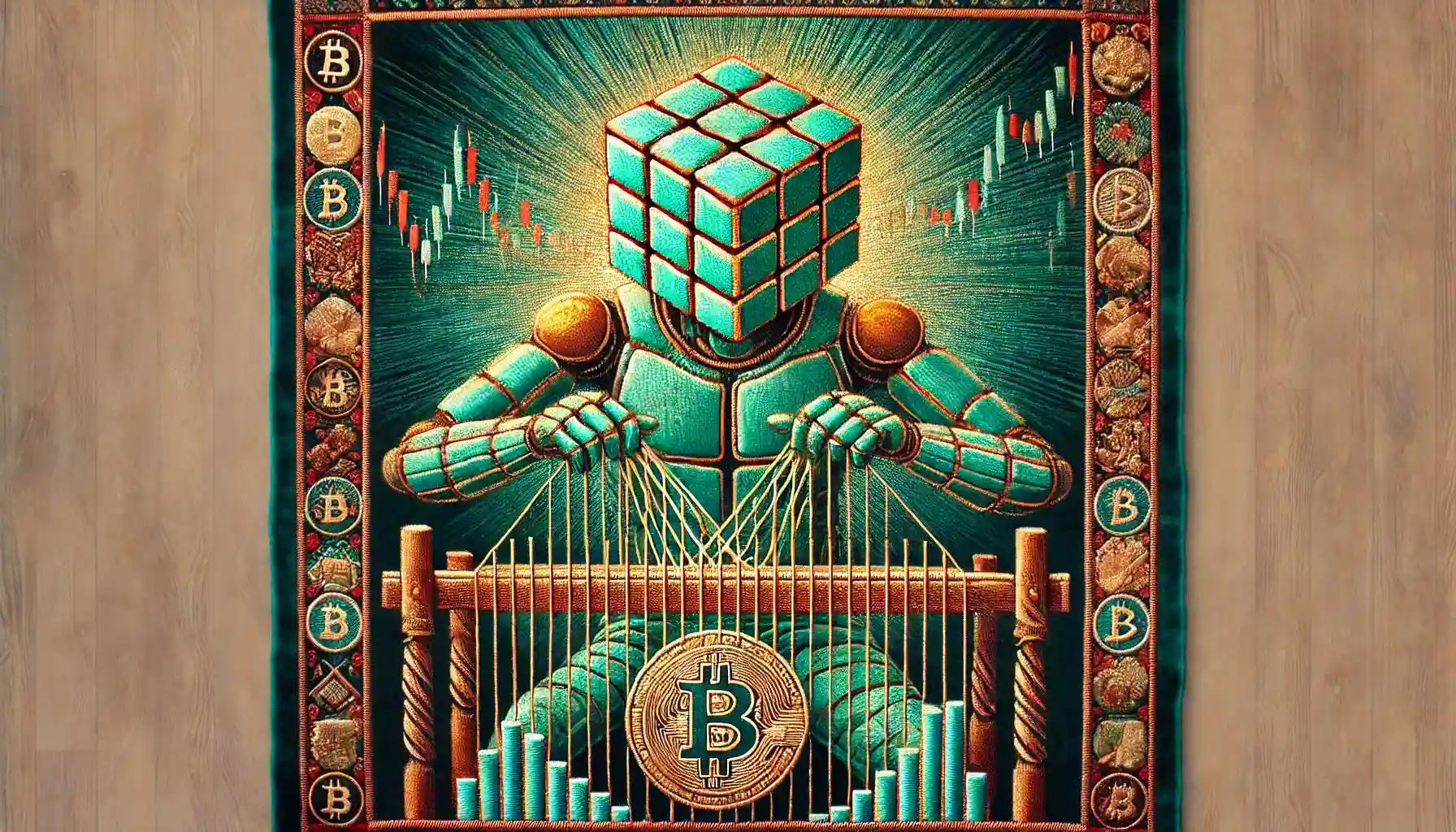 Embroidered robot weaves Bitcoin tapestry, symbolizing crypto policy changes