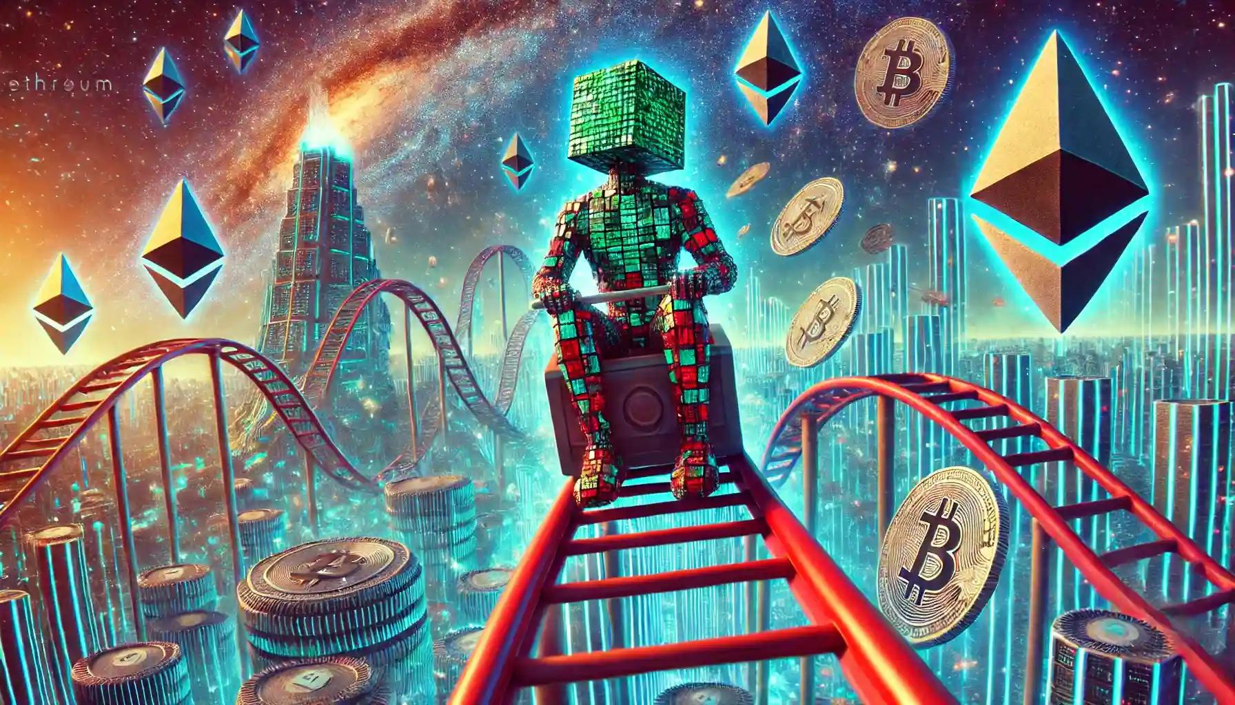 Ethereum robot rides blockchain coaster, catching ETF tokens amid data landscape