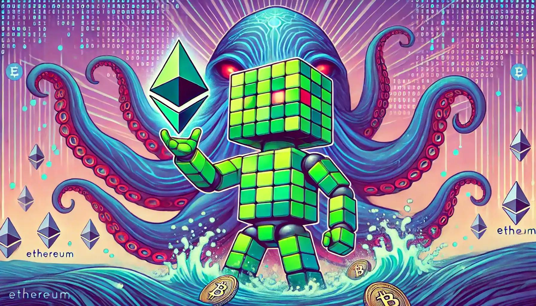 Ethereum symbol held by robot, Kraken wraps around blockchain