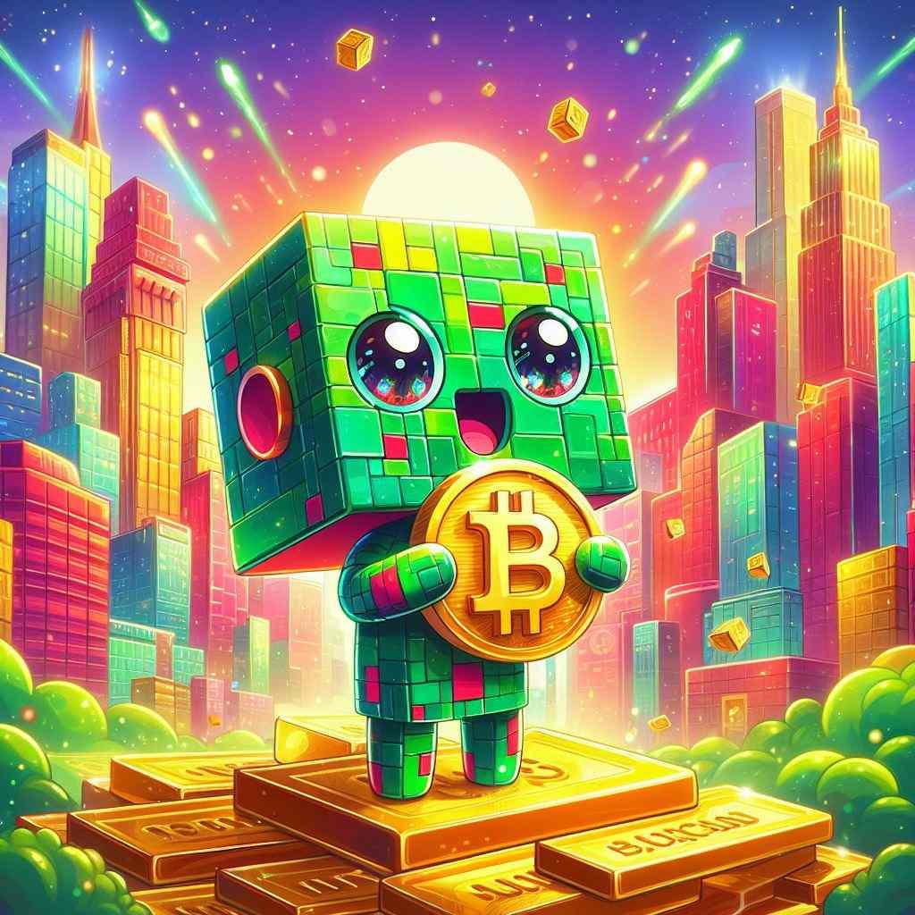 Excited chibi robot holding Bitcoin ETF stands on gold bars in a futuristic city