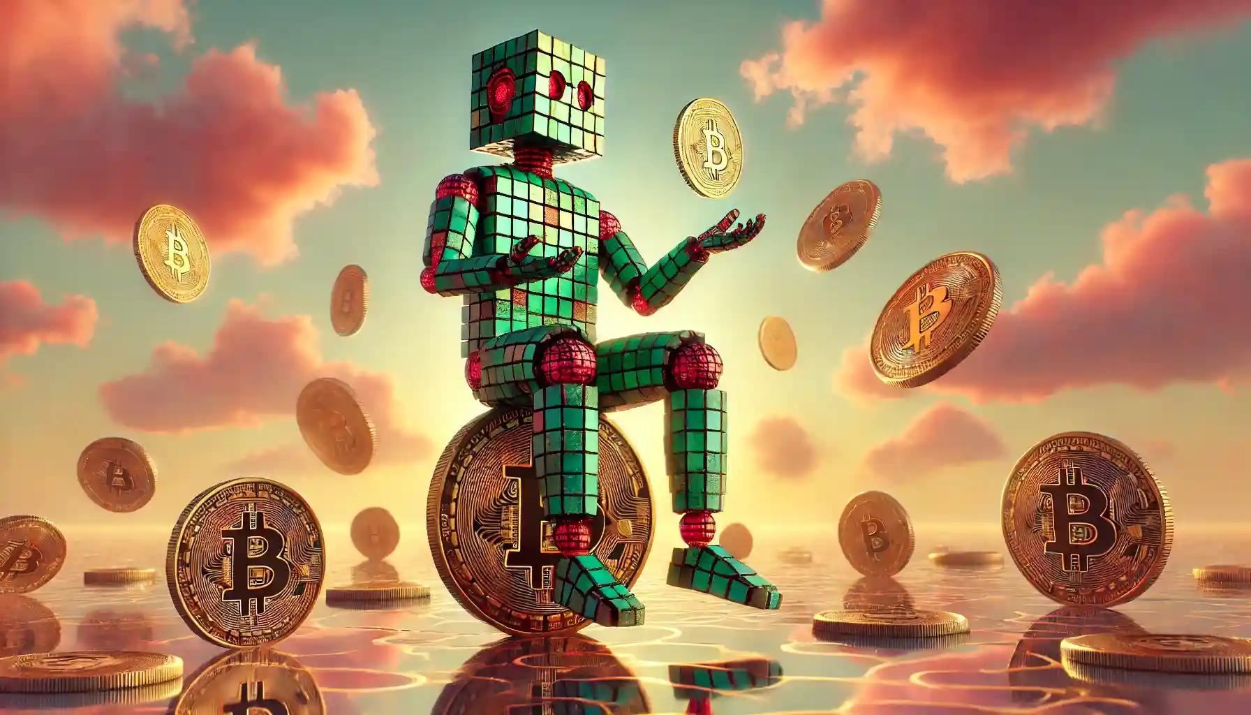 Faceless Cubic Robot Balances on Golden Bitcoin Amid Dreamlike Sky and Liquid Bitcoin Patterns