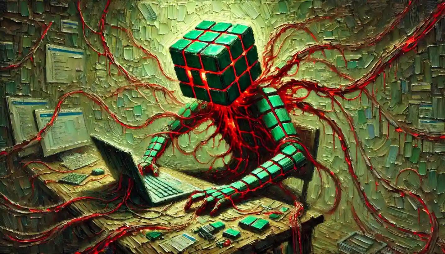 Faceless Cubic Robot Battles Tangle of Glowing Red Threads from Fake GitHub Repositories