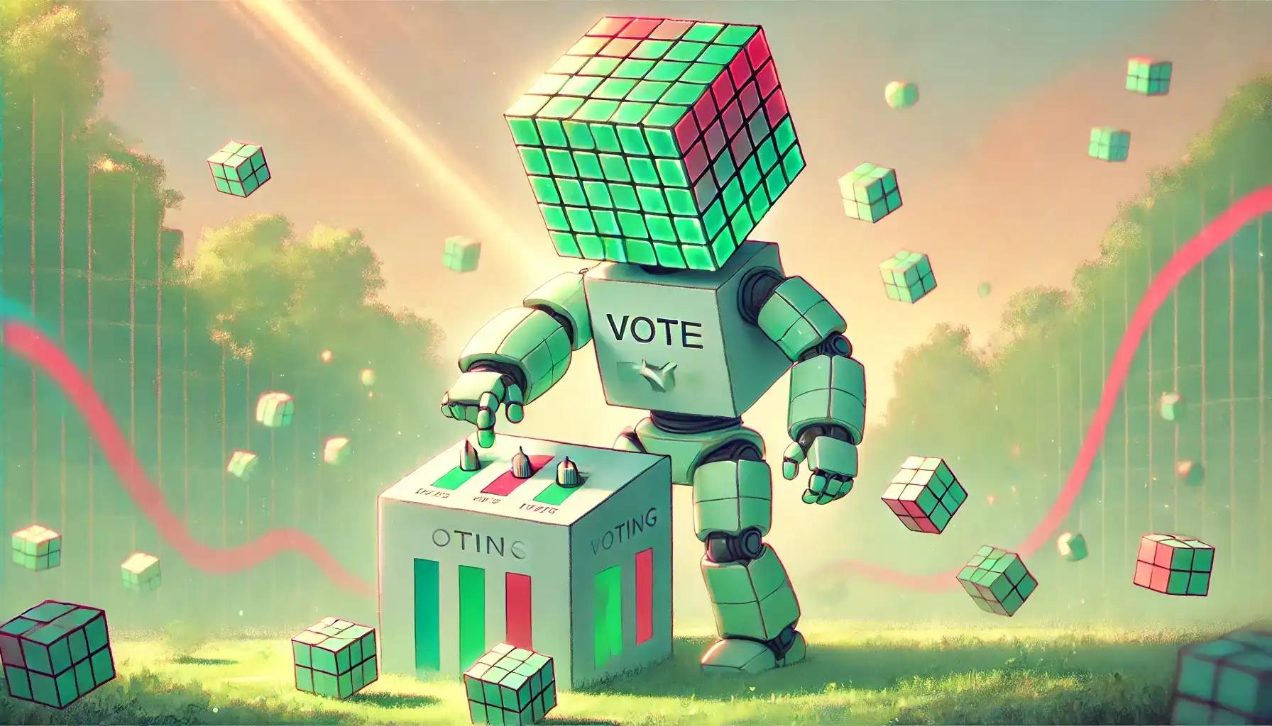 Faceless robot at voting terminal with pastel prediction elements