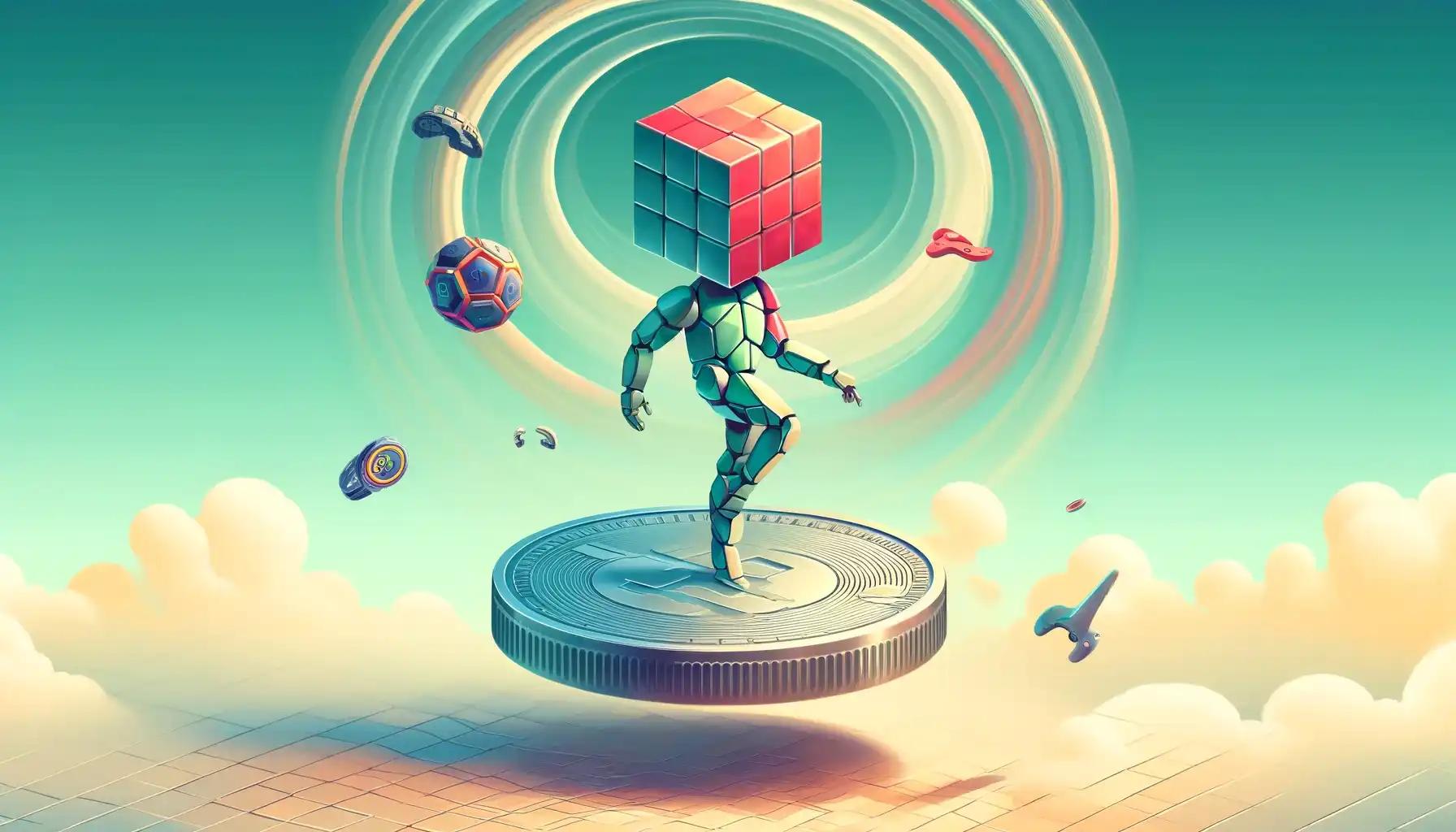 Faceless robot balances on spinning coin amid gaming investment symbols