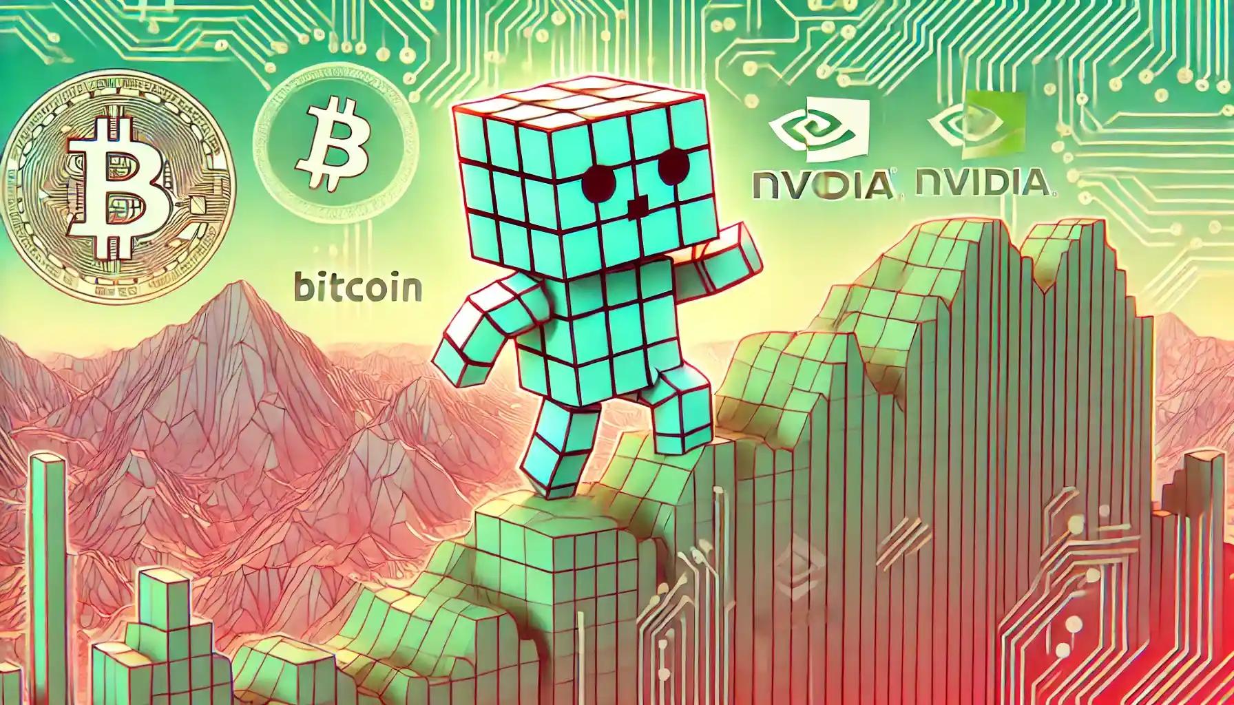 Faceless robot balancing Bitcoin, Solana amid blockchain mosaics