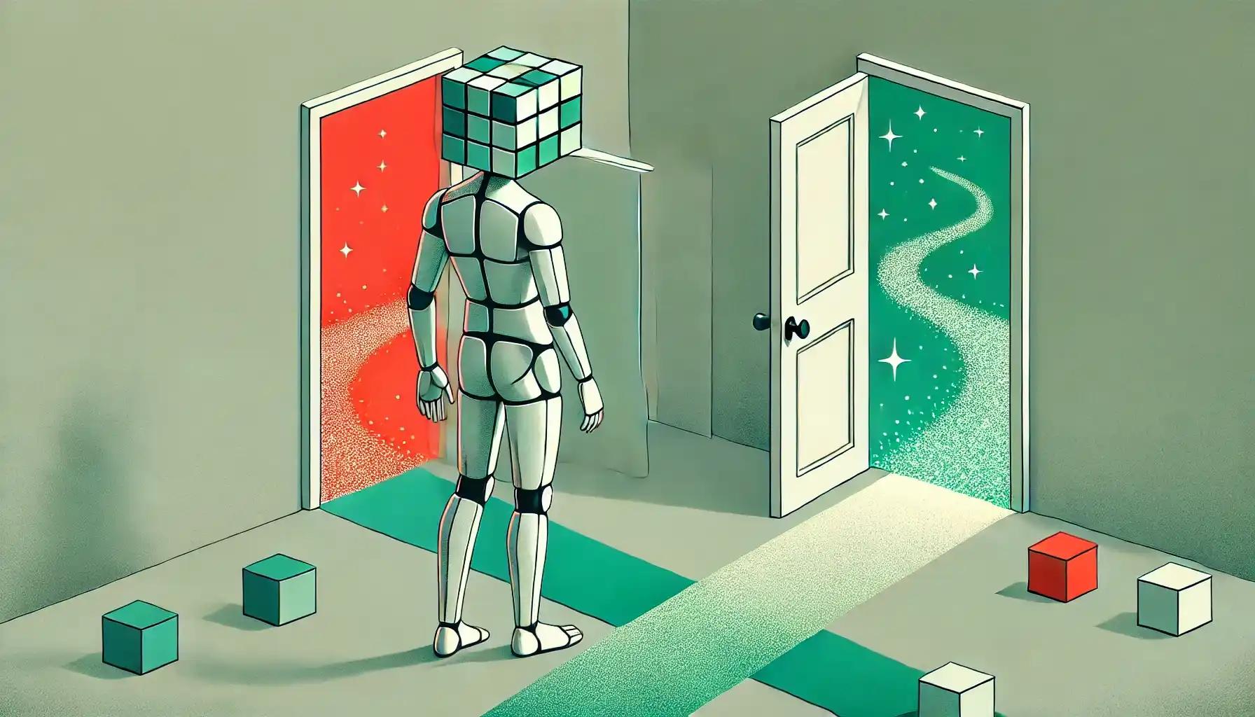 Faceless robot between two doors, considering paths, green mist