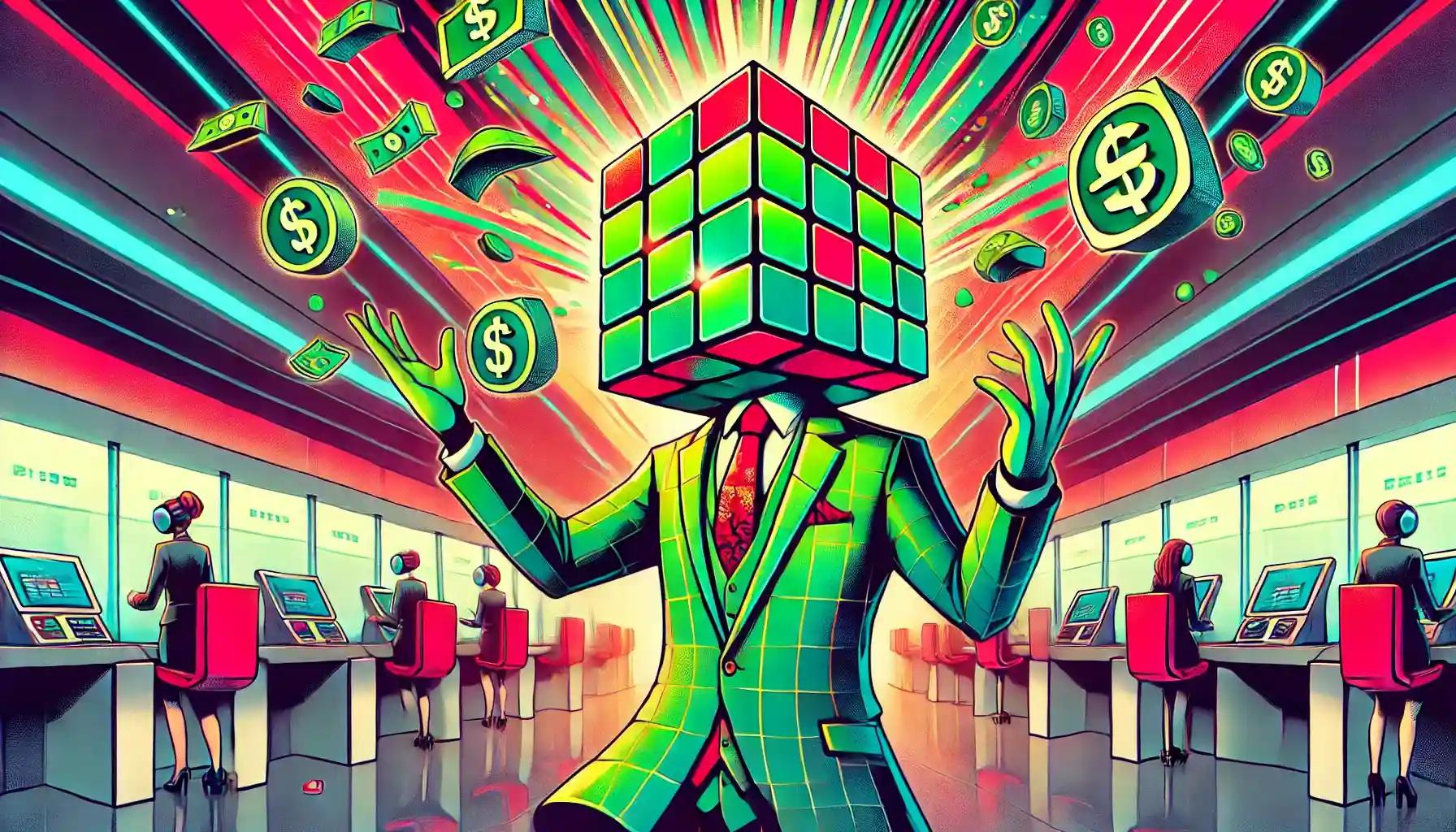 Faceless robot celebrates as glowing currency rains in bank hall