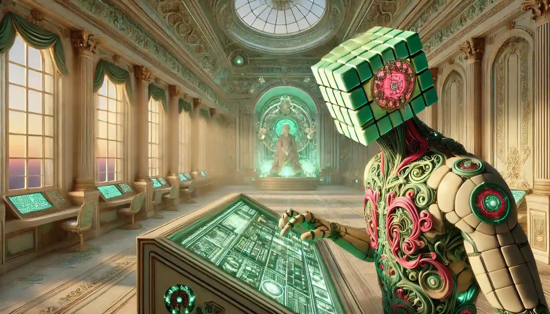 Faceless robot controls trading console, detailed futuristic trading hub