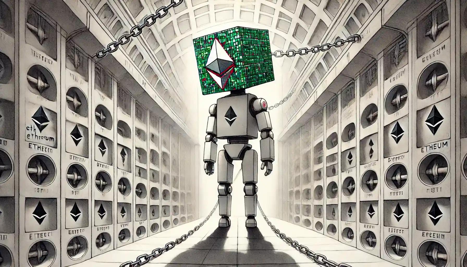 Faceless robot inspects Ethereum vault with missing funds