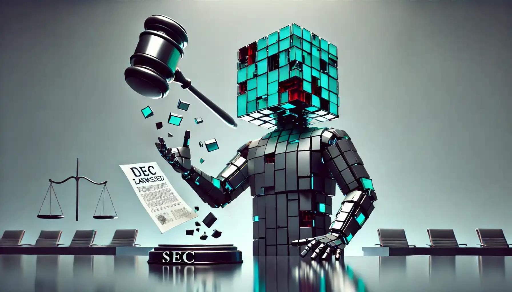 Faceless robot overturns Kraken lawsuit in futuristic glass courtroom