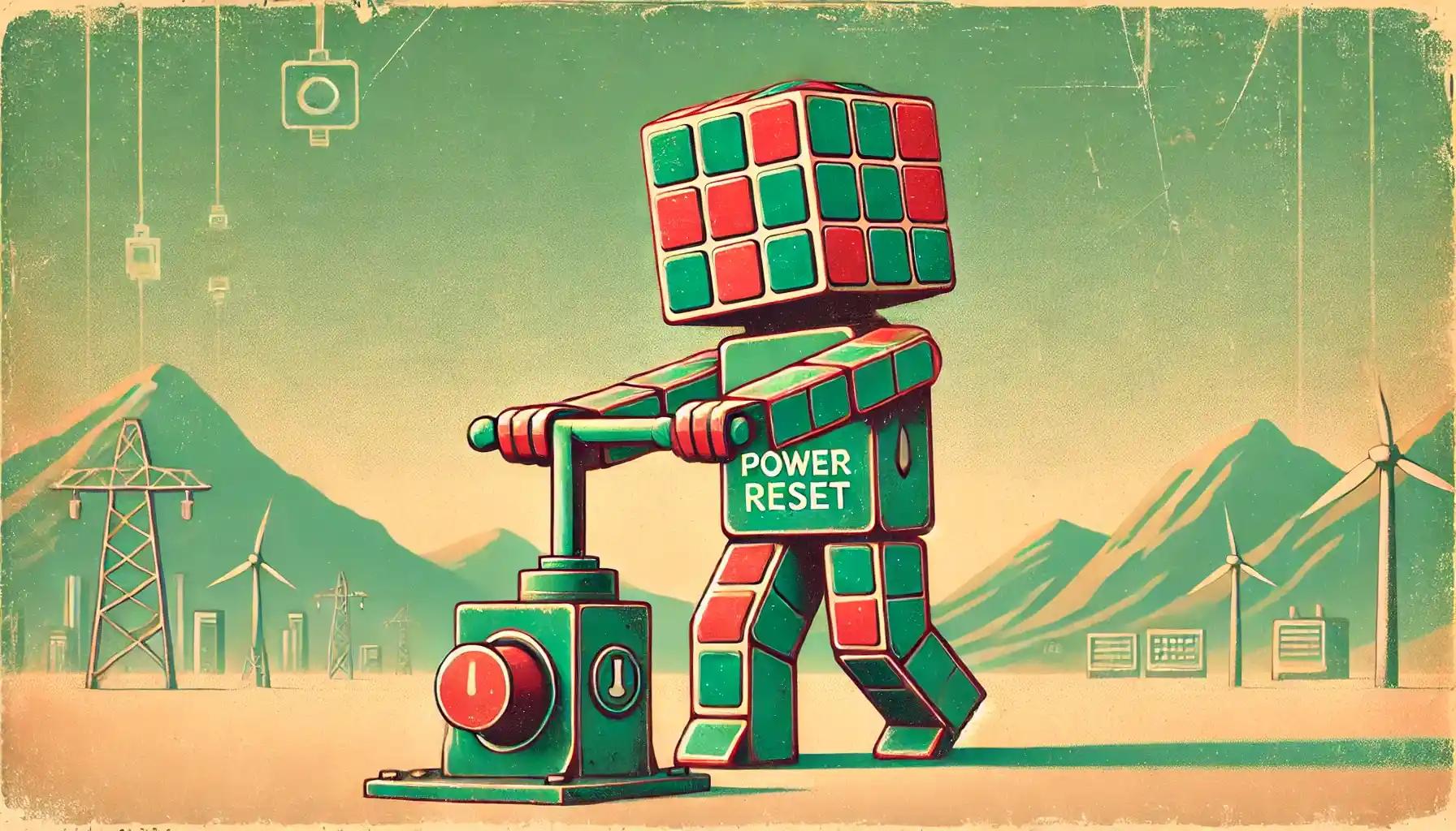 Faceless robot resets lever in pastel desert