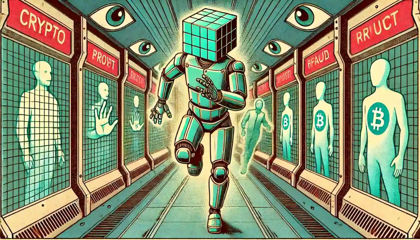 Faceless robot rushes through digital courthouse clutching crypto ledger