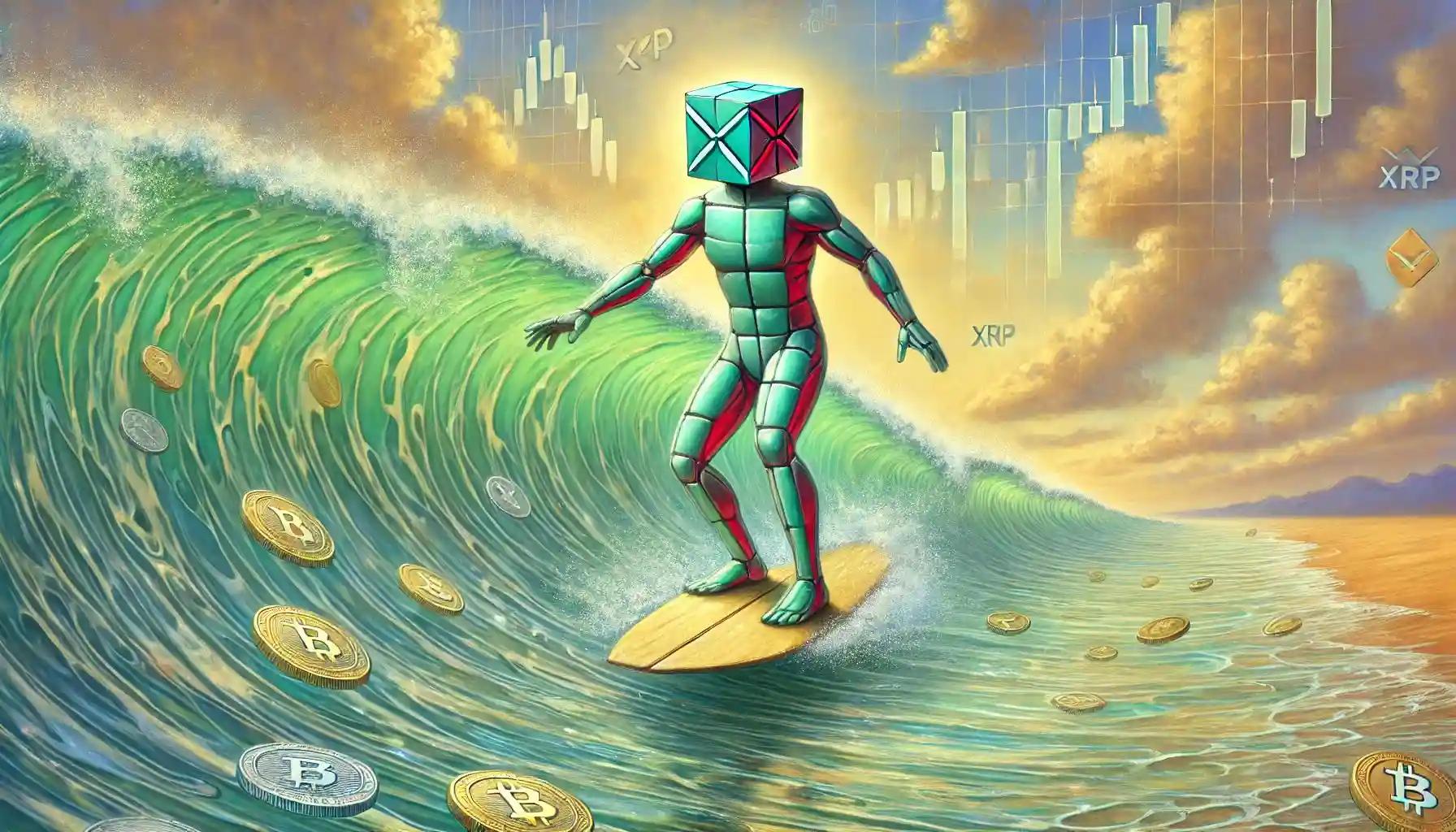 Faceless robot surfing XRP waves in a surreal crypto ocean