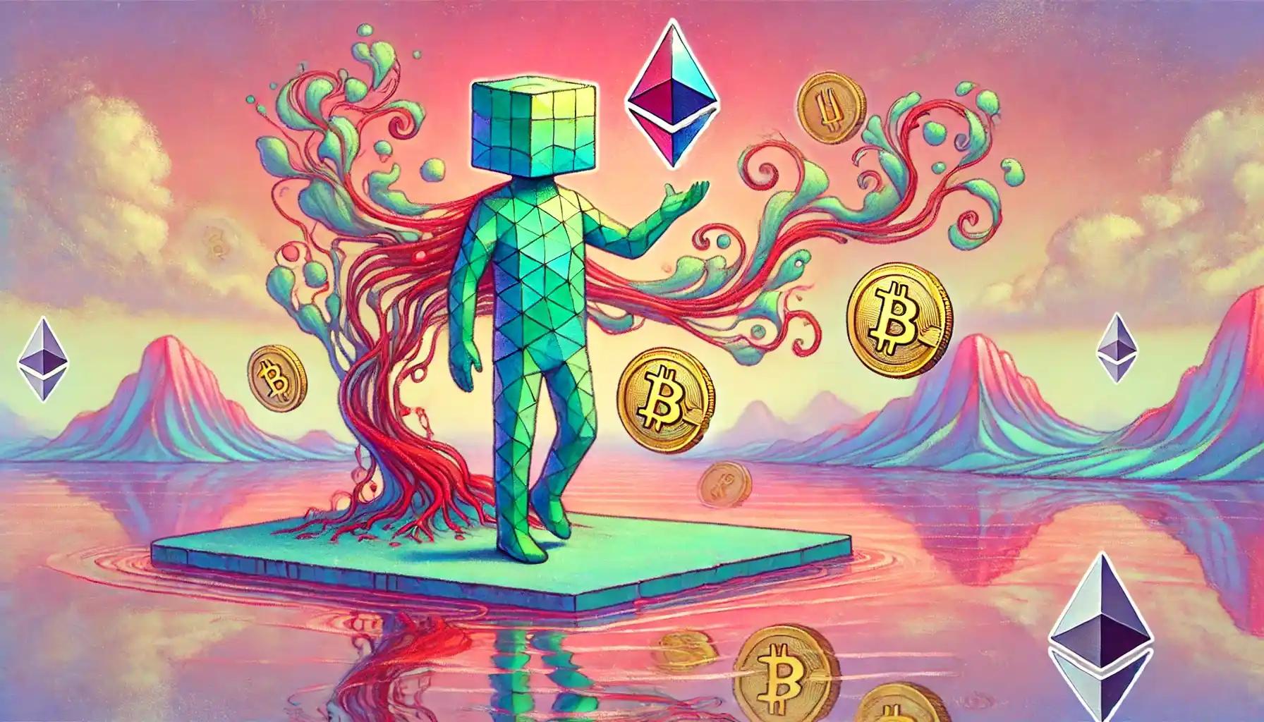 Faceless robot touches a pastel-hued liquidity pool of SUI