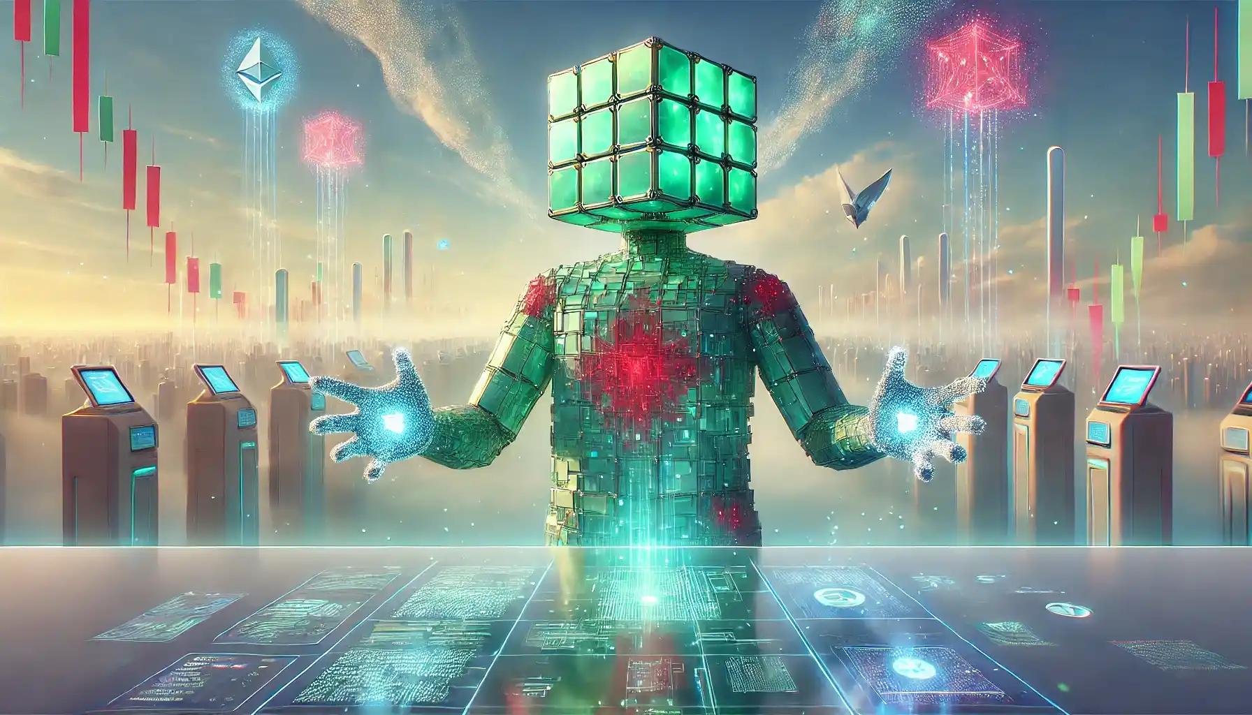 Faceless robot trades crypto in a glowing cyber market