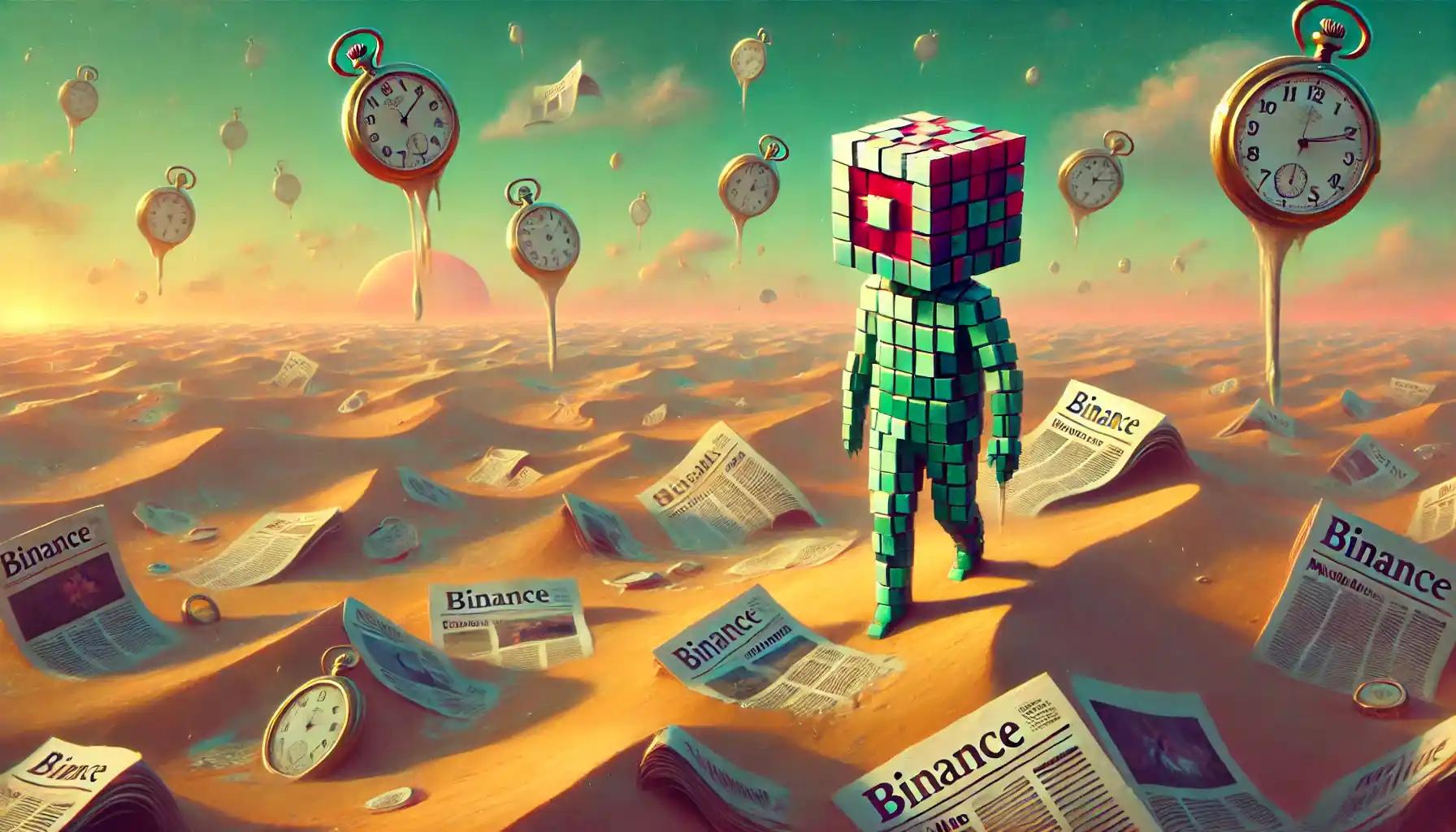 Faceless robot walks through melting Binance-Trump newspaper dunes