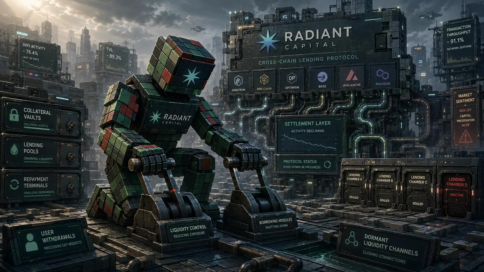 Futuristic DeFi control room in decline