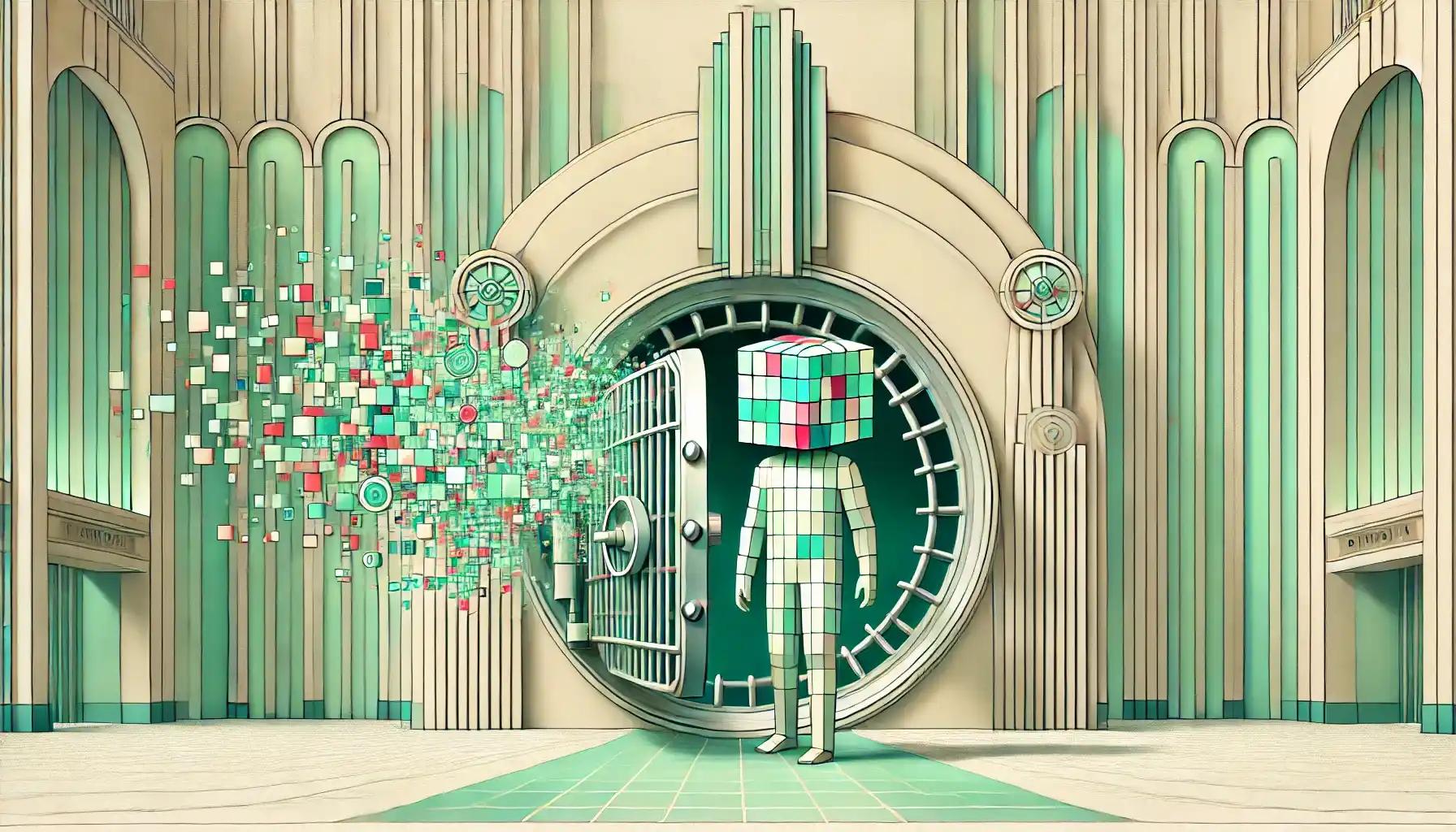 Futuristic robot opening vault door with swirling pastel digital assets