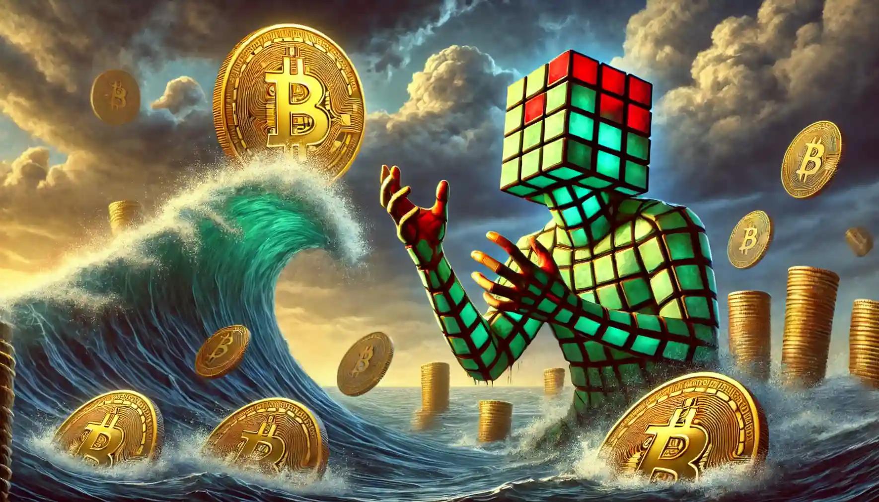 Futuristic robot reaches for glowing Bitcoin as waves crash