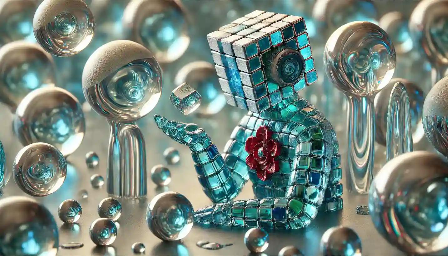 Glassblown Ethereum ETF robot balances glowing tokens inside delicate bubbles