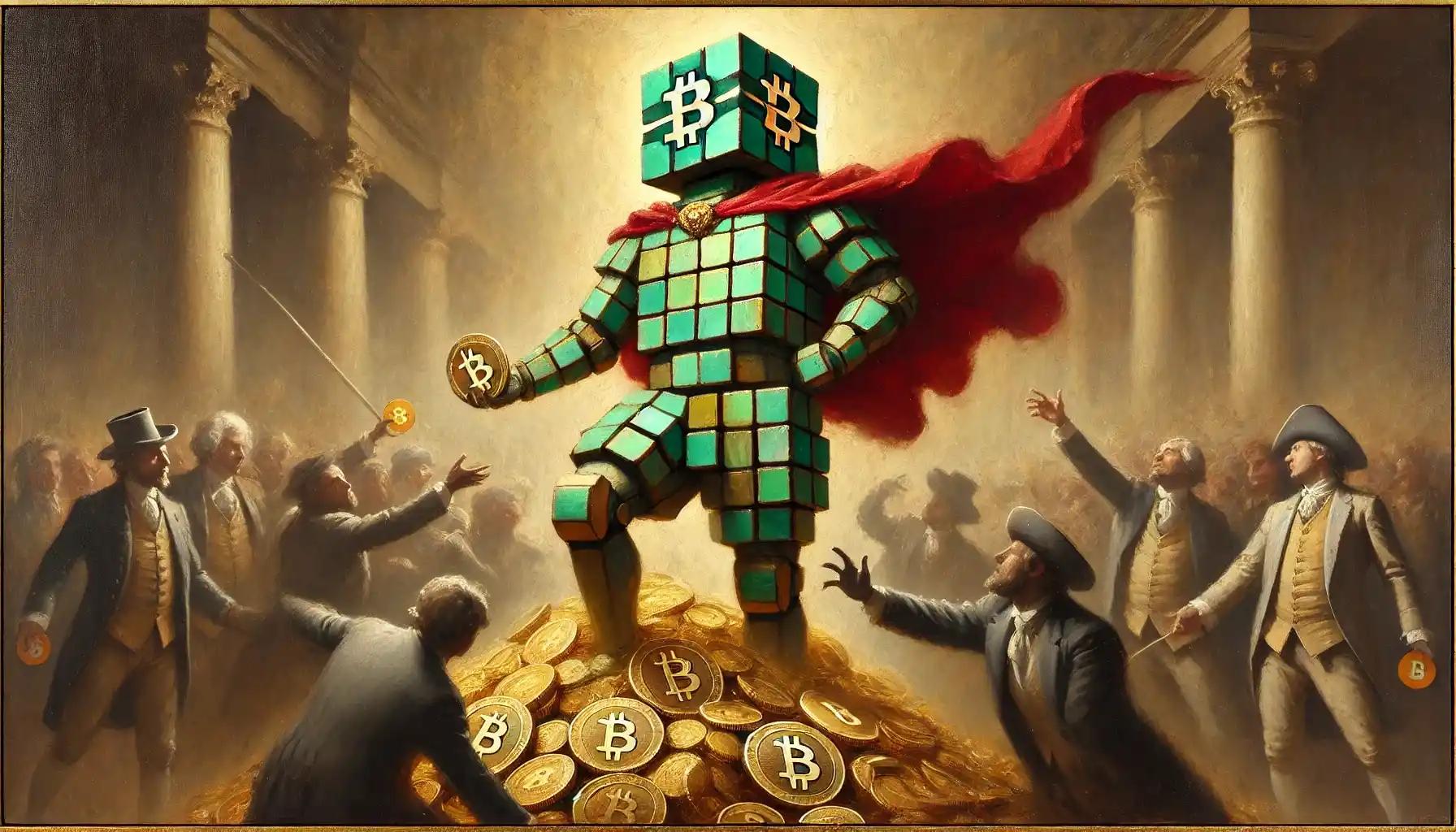 Heroic humanoid robot guarding Bitcoin pile against shadowy JPMorgan figures