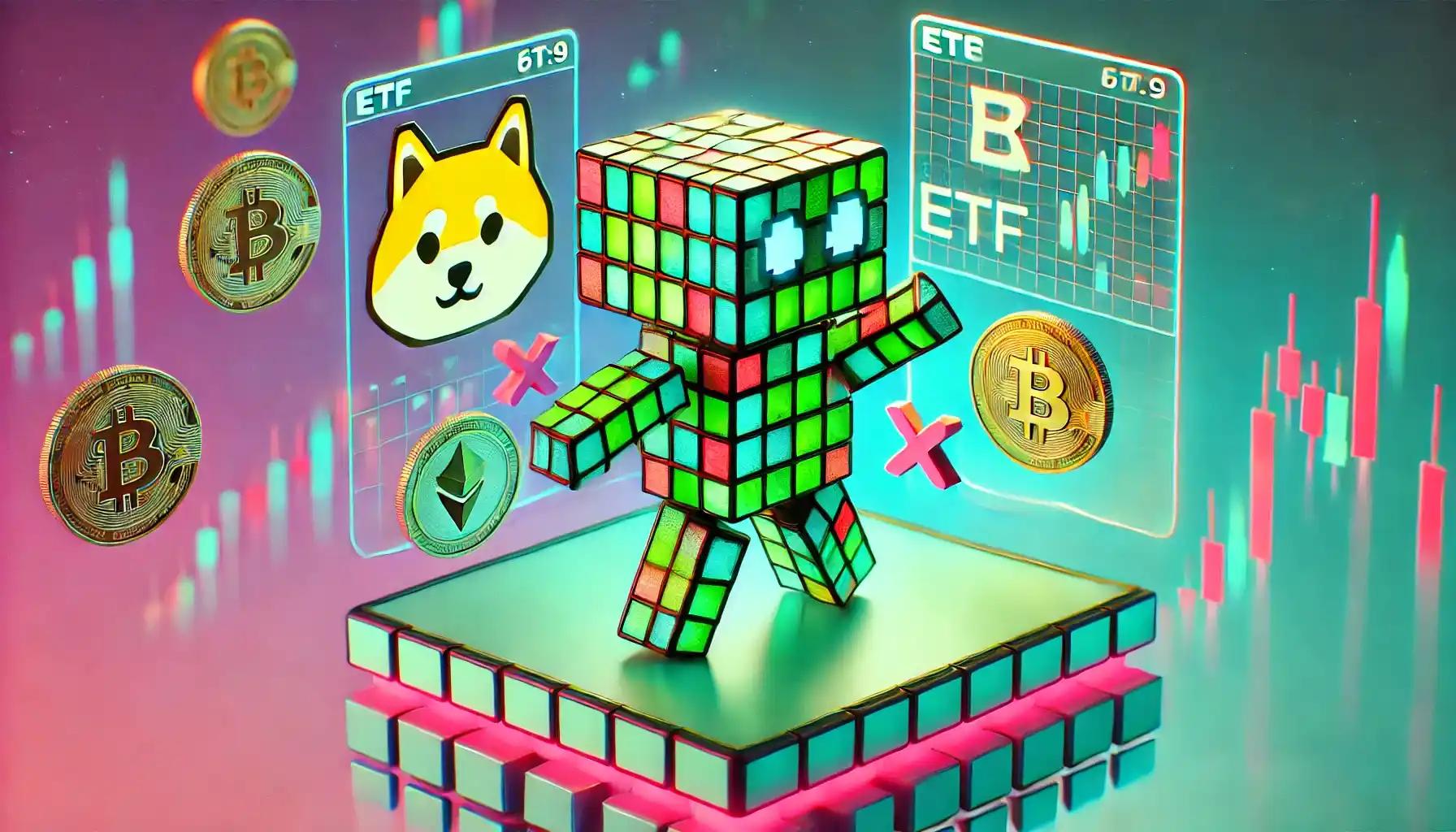 Humanoid cubic robot interacts crypto ETF dashboard, vibrant gridscape background