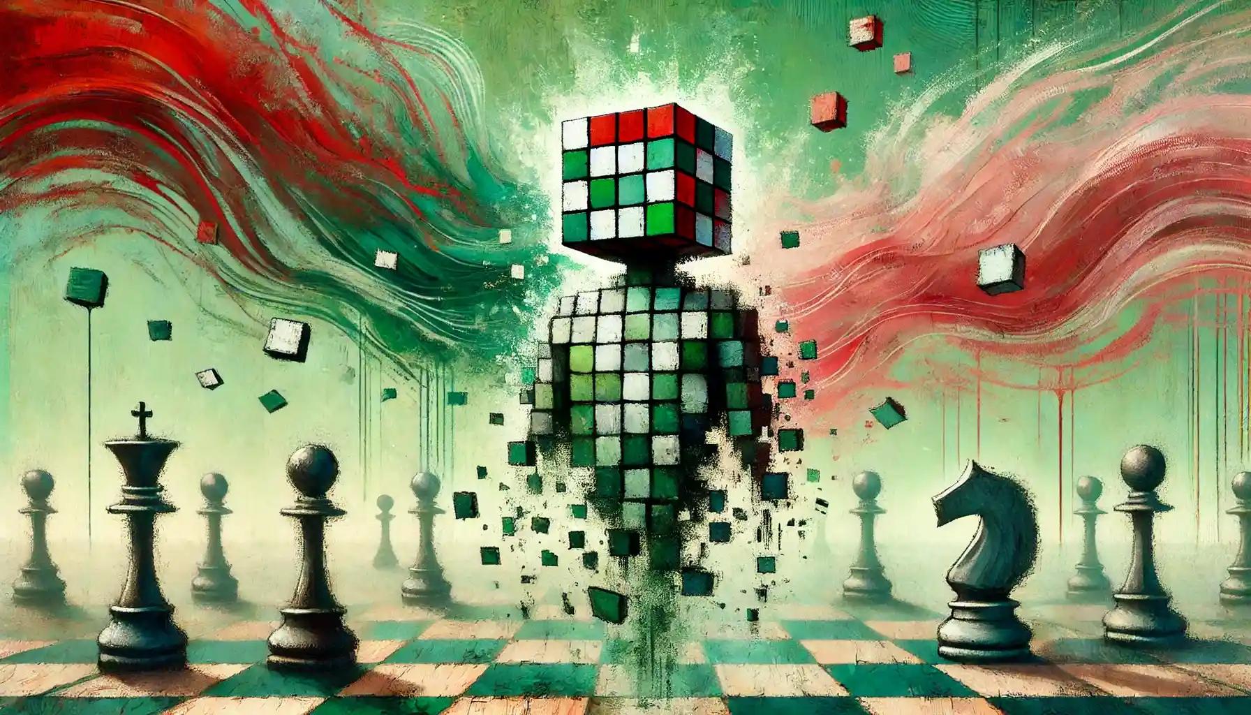 Humanoid robot atop chessboard with shattered black white zero