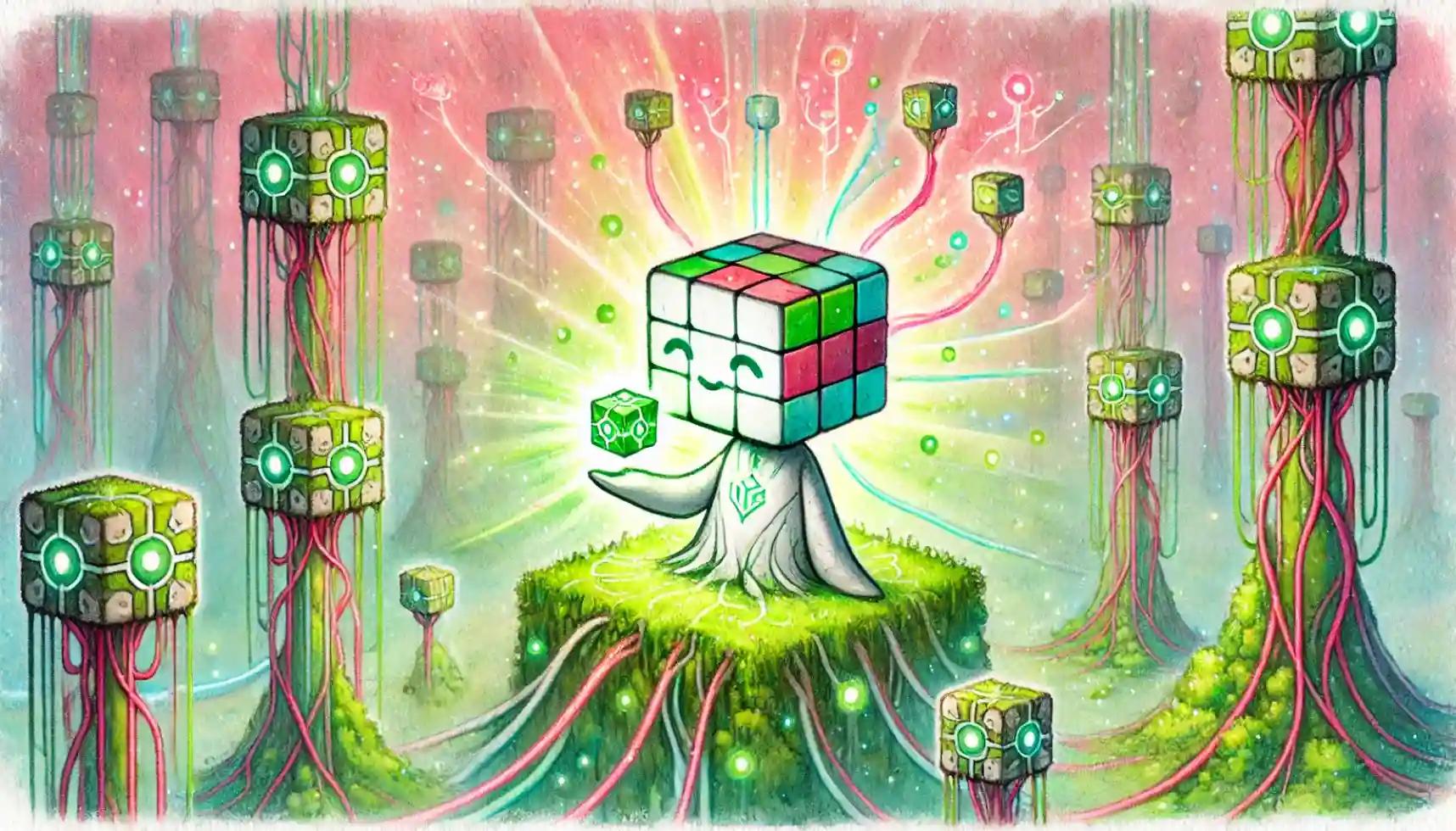 Humanoid robot flips iUSDe token near pastel network nodes