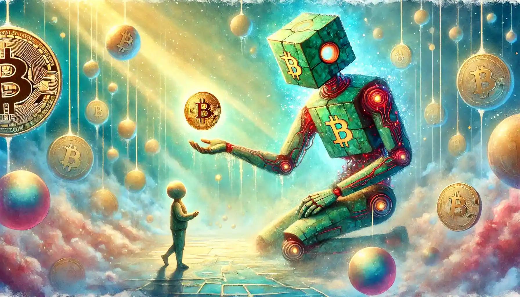 Humanoid robot gives Bitcoin token to a child in dreamscape