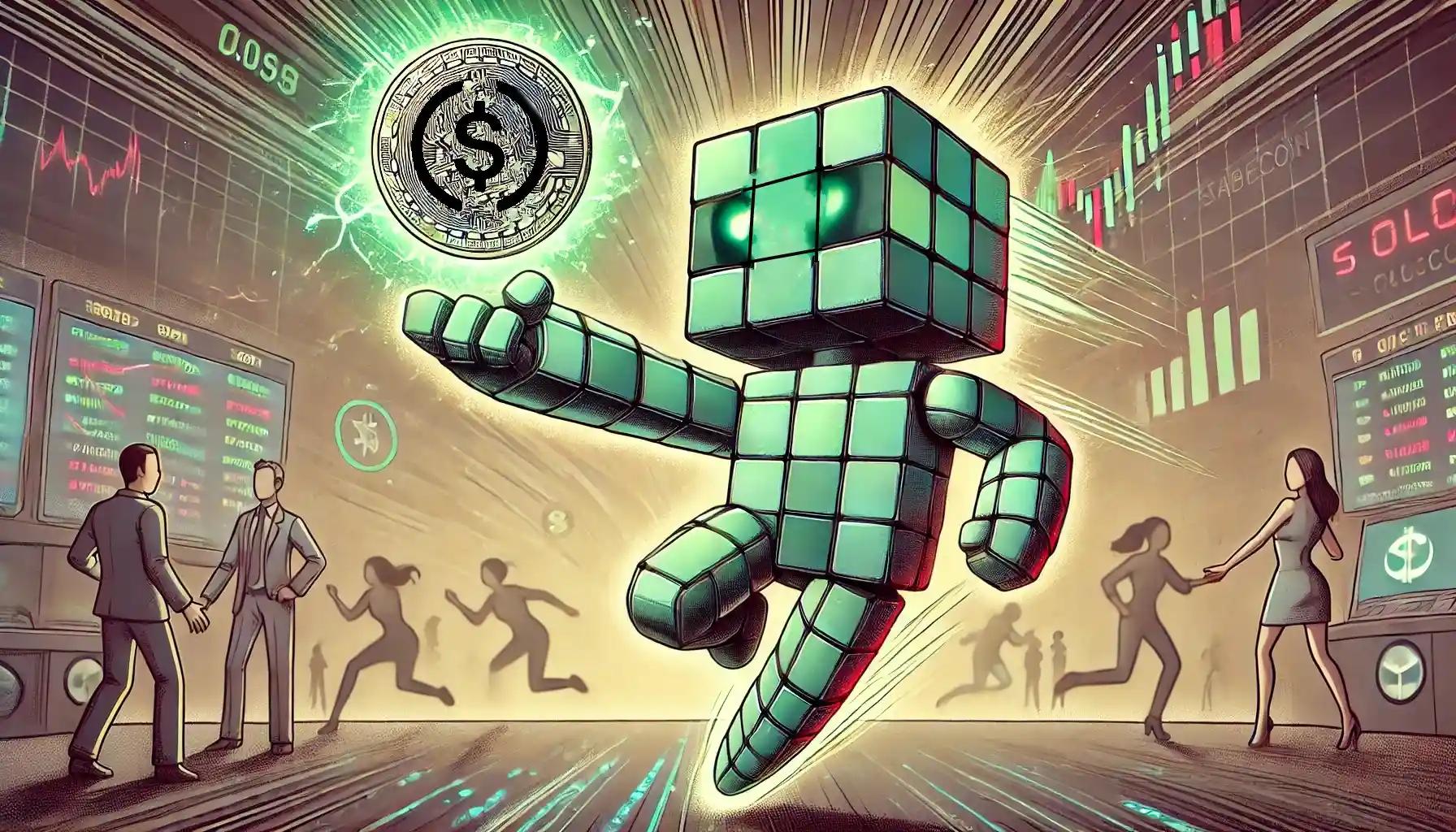 Humanoid robot launching stablecoin in dynamic blockchain exchange